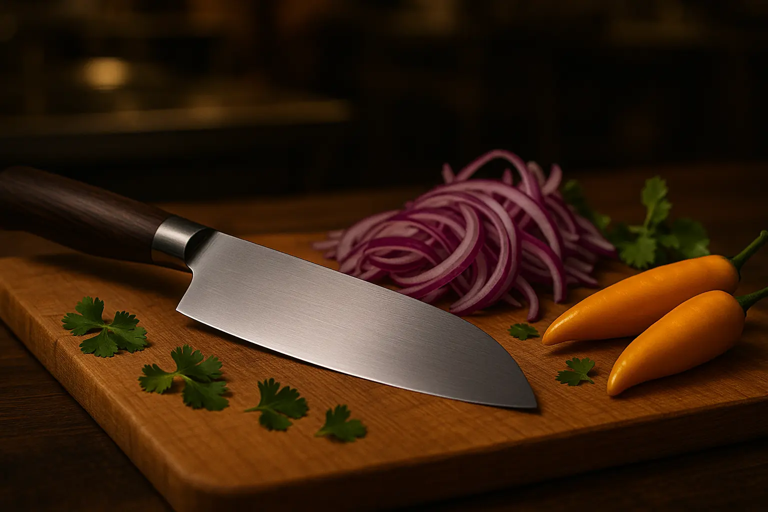 inicio 14 Cuchillo santoku con plato de madera y cebollas en rodajas