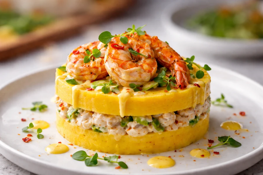 Un plato de causa de mango con langostinos