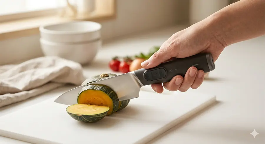 Cuchillo Ultrasónico: ¿Innovación Real o Capricho Tecnológico? 2 persona usando un cuchillo ultrasónico para cortar verdura