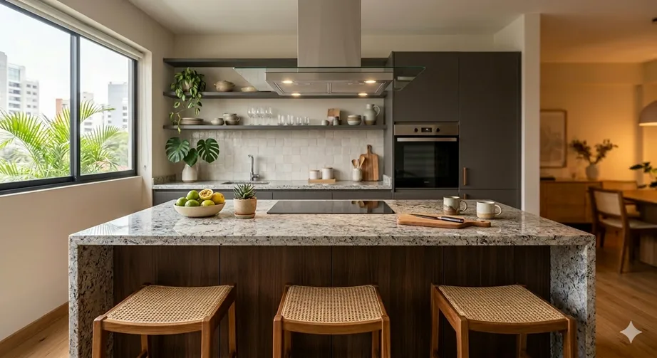 Una cocina perfecta, bien iluminada, con isla, campana de isla y sala comedor.