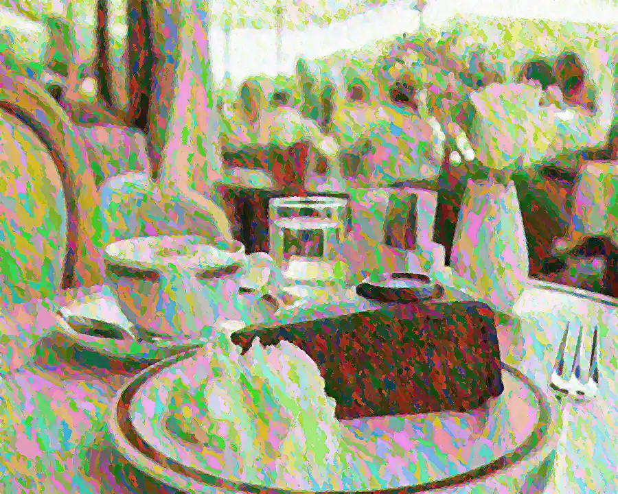 KI generiertes Bild. Intrpretation des Themas Sacher - Torte in einem fiktiven Cafe