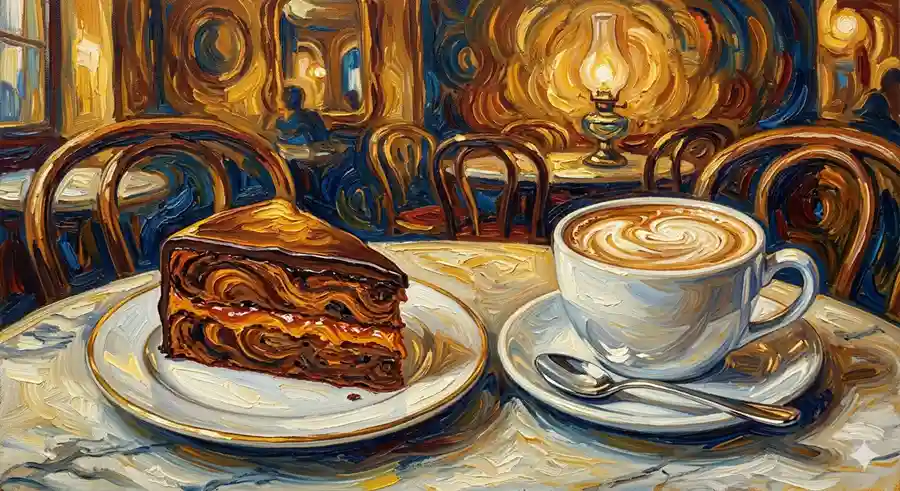 Una torta de Chocolate, estilo Sacher y una taza de Café. Hecho por Gemini