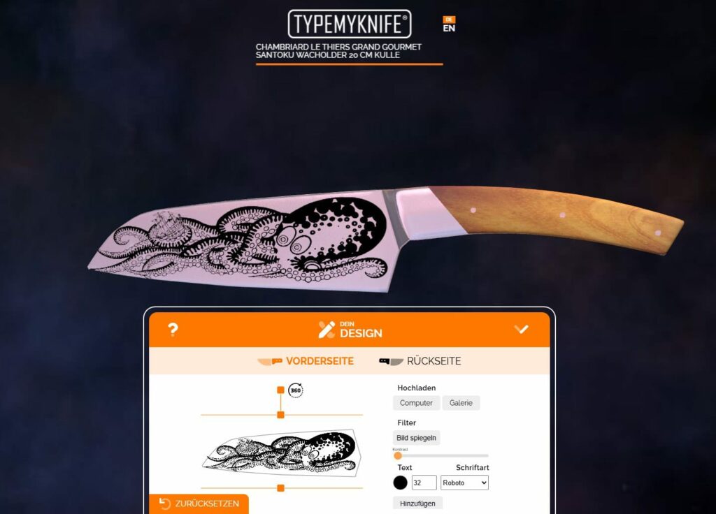 explicación como personalizar un cuchillo con configurador online