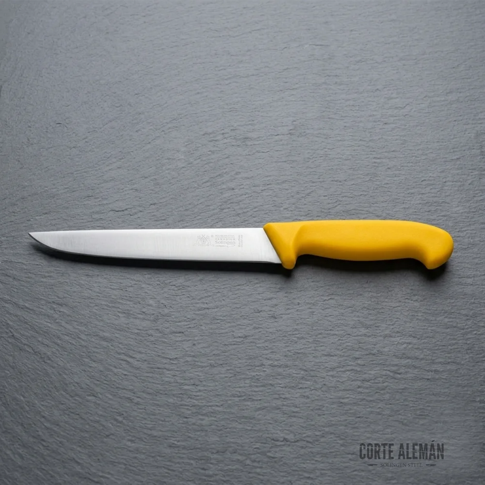 Cuchillo profesional de Solingen, tipo cuchillo filetero, de marca Melchior, fondo natural piedra gris