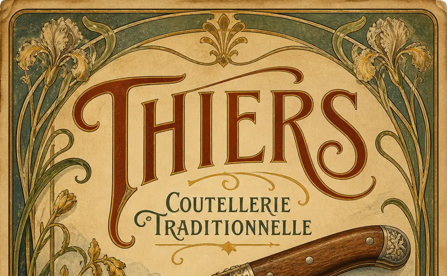 Cartel de estilo Art Nouveau sobre la ciudad francesa de Thiers, la capital francesa del cuchillo.