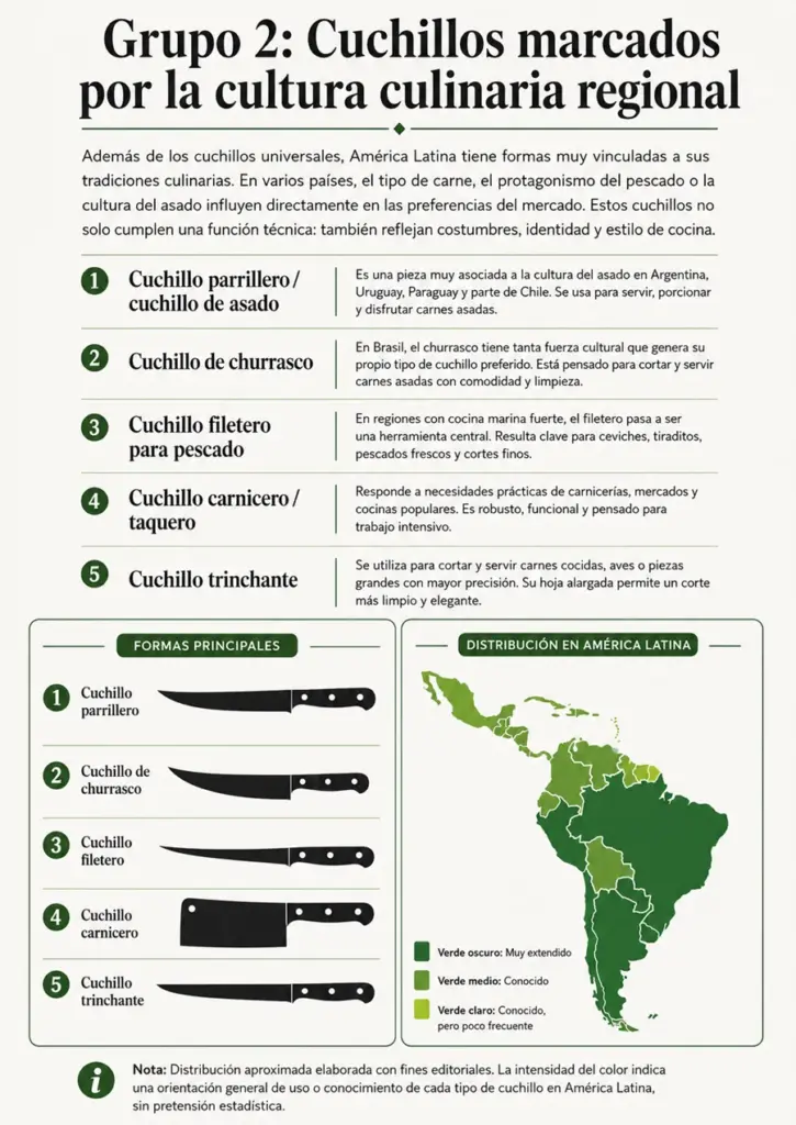 Lista de cuchillos para el uso profesional con graficas de su forma