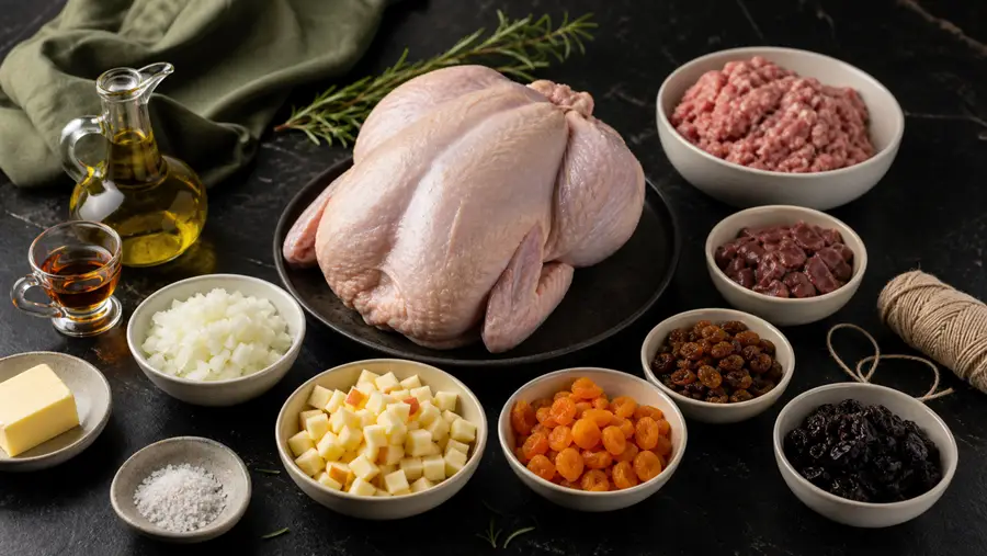Ingredientes en cuencos para la receta de pollo deshuesado al horno. Presentados sobre una encimera oscura.