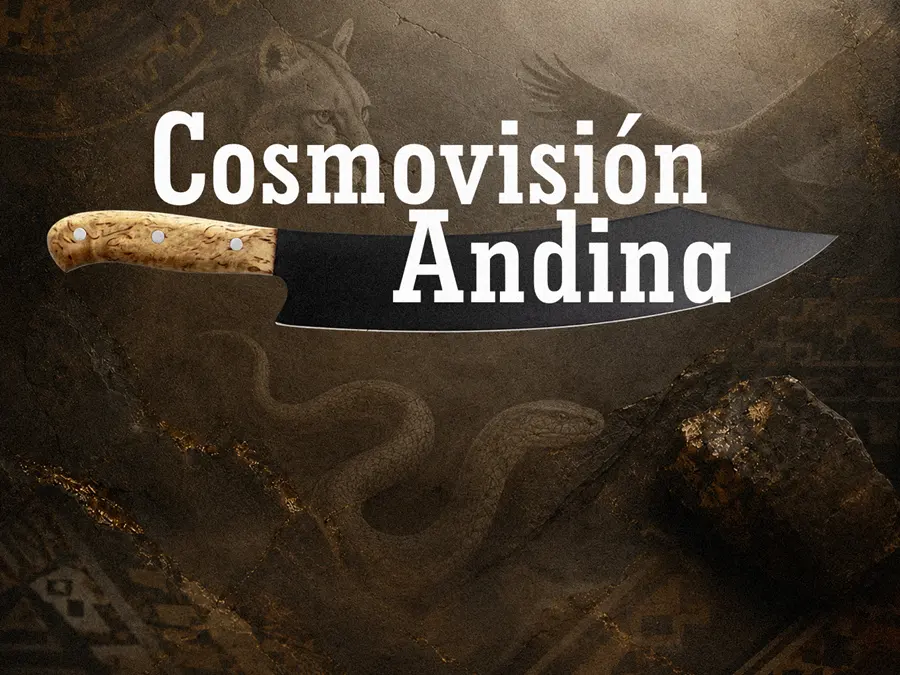 Foto con fondo oscuro, cuchillo de cocina y titulo; Cosmovisión Andina