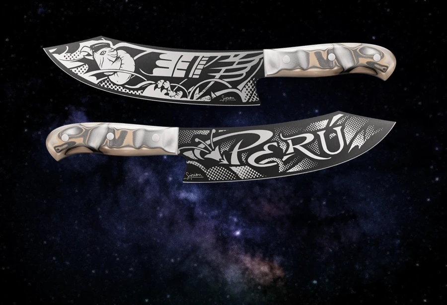 2 cuchillos con diseño by Luis Sipion, grabado laser en cuchillos Black DiamondCut by Giesser