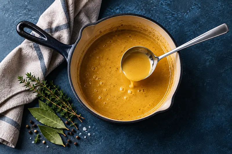 Kokumi: Salsa dorada reducida en sartén con hierbas aromáticas.
