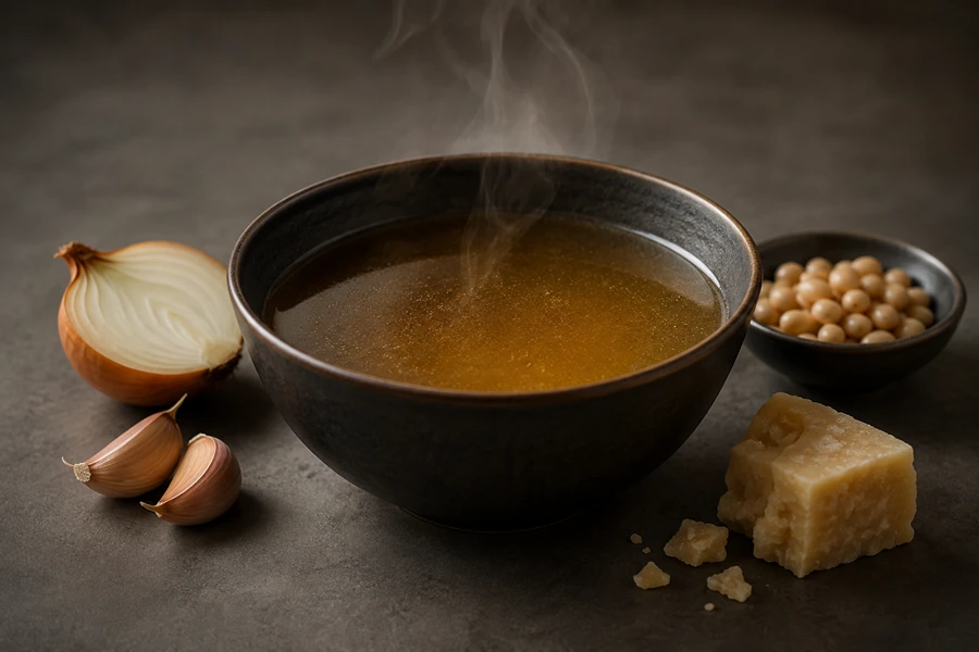 Bol de caldo dorado humeante acompañado de cebolla, ajo, frejoles y queso curado.