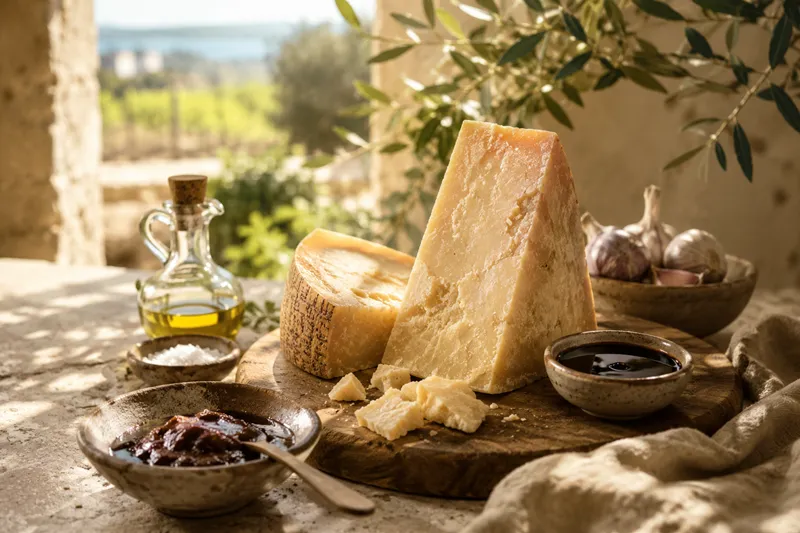 Quesos curados con aceite de oliva, ajo y condimentos en una escena mediterránea iluminada por el sol.